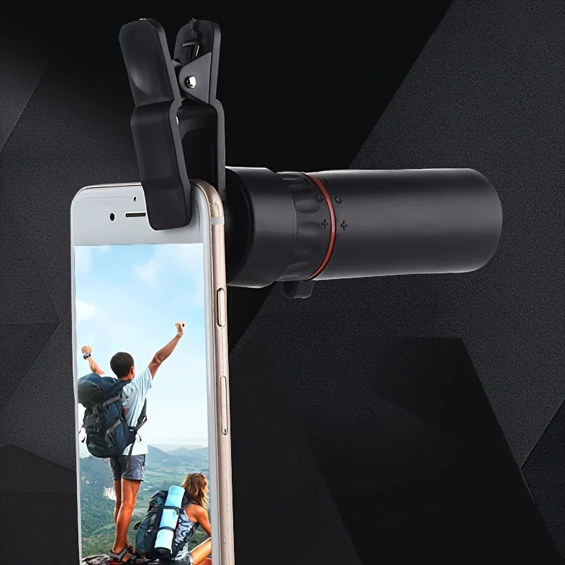 Black monocular telescope with phone clip and attached smartphone, red ring detail