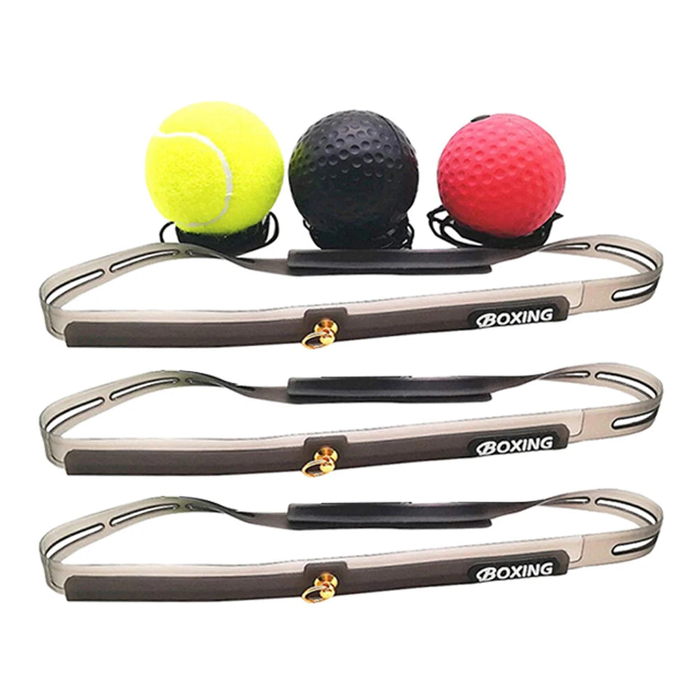 Boxing training ball set with three straps and yellow, black, and red punch balls