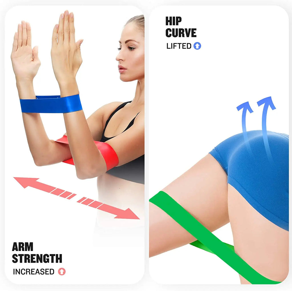 Blue resistance loop band worn on arms for upper-body strength exercises