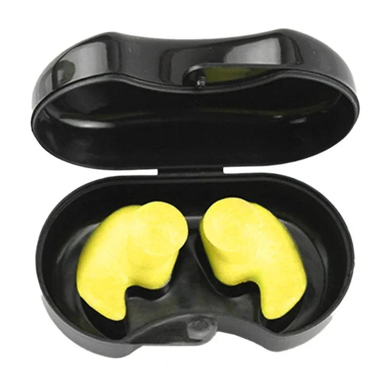 Reusable silicone swimming earplugs with storage case, yellow ear inserts