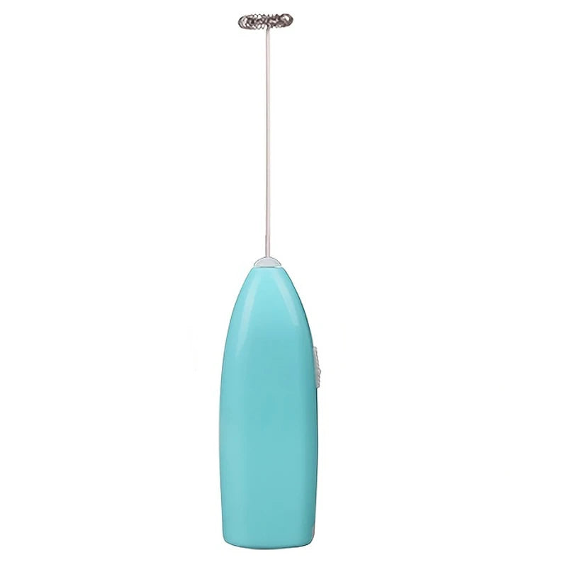 Blue handheld electric milk frother with wire whisk beater