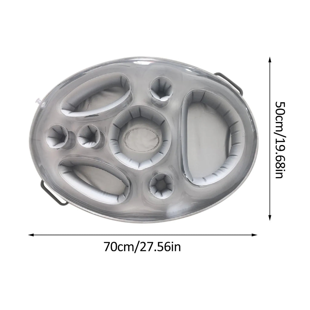 Gray inflatable drink cooler float top view with cup holders and bottle rests