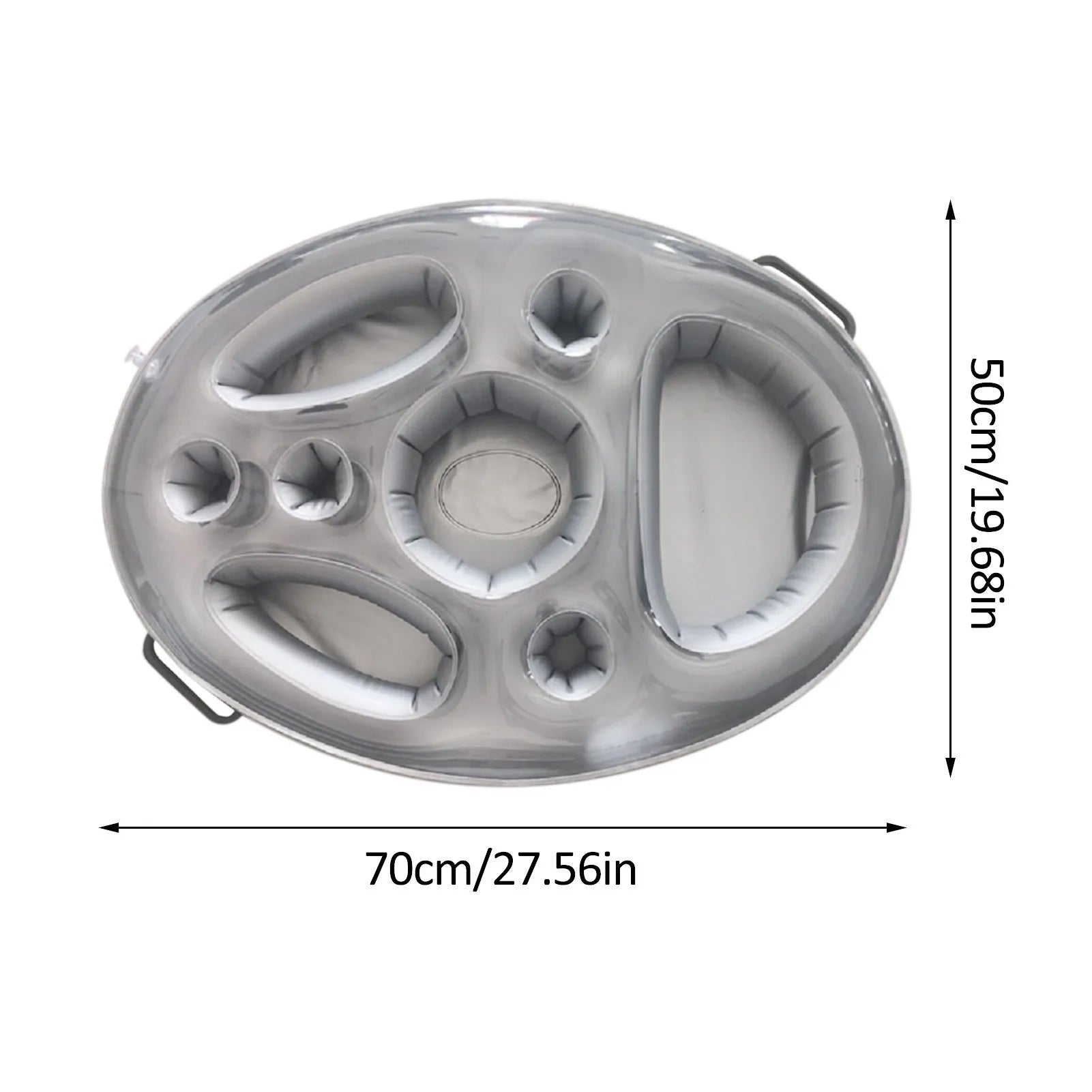 Gray inflatable drink cooler float top view with cup holders and bottle rests