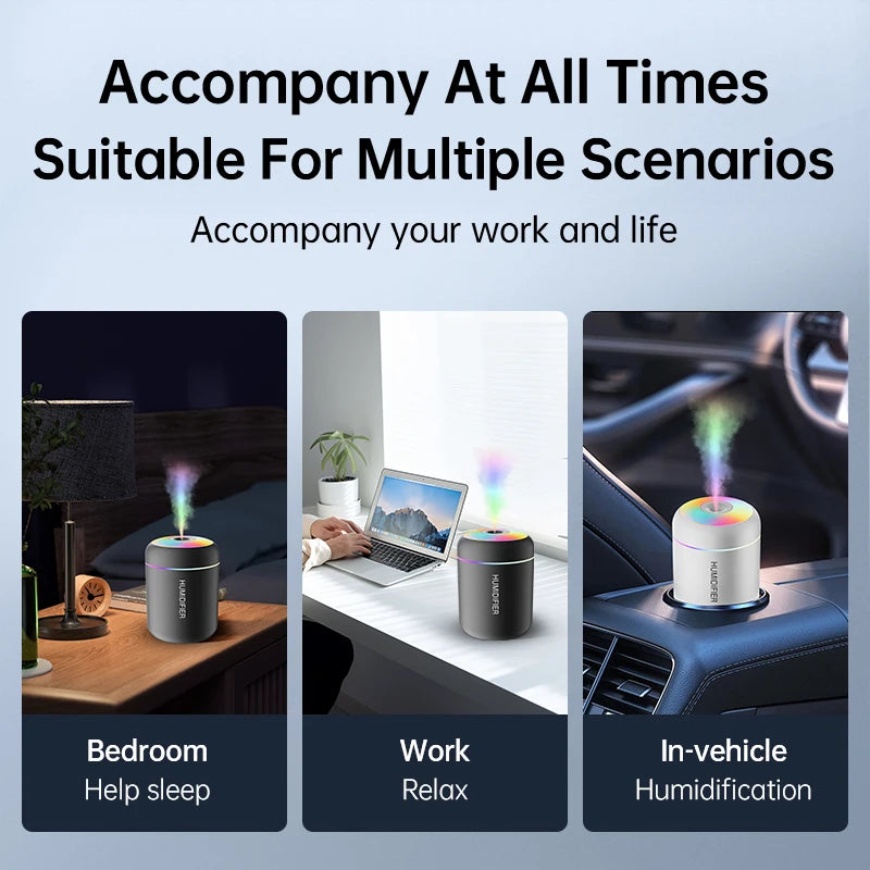 Set of mini humidifiers in white and black with rainbow LED top rings