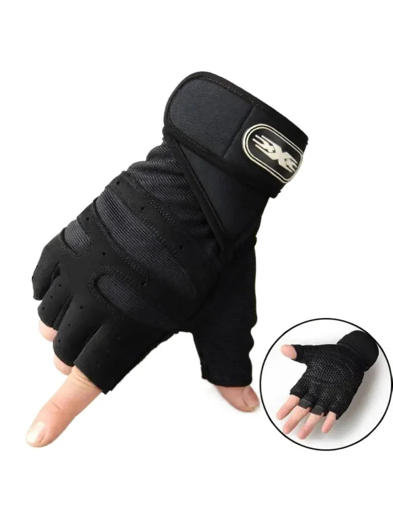 Black training gloves with wrist strap and logo patch; padded fingers and grip texture.