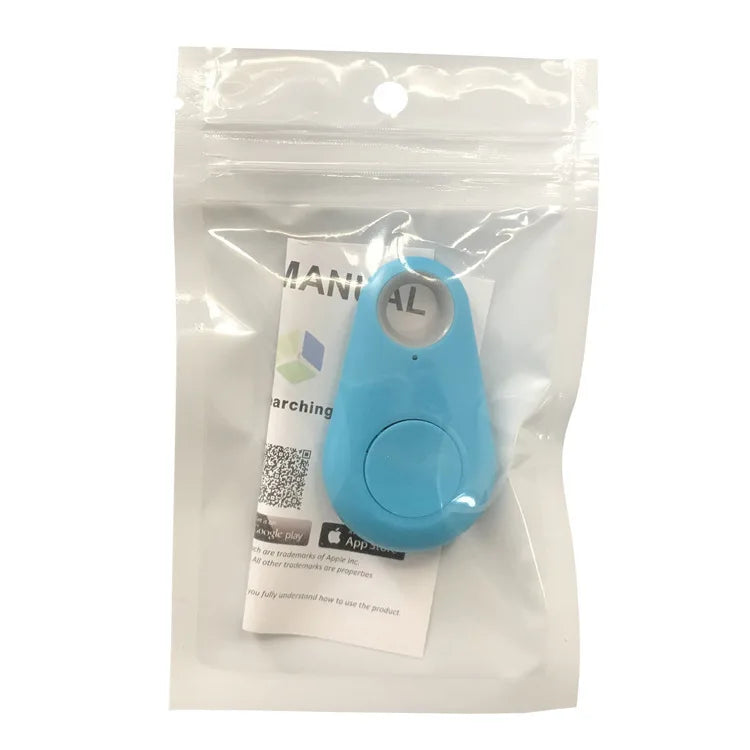 Light blue Bluetooth anti-lost tracker key fob in clear plastic pouch with card