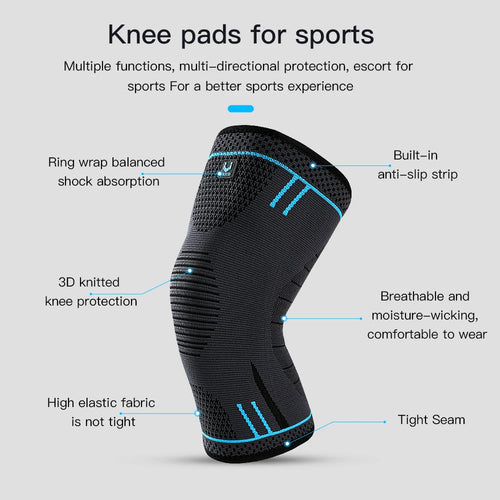 Black compression knee sleeve with blue accents, breathable elastic sports knee pad