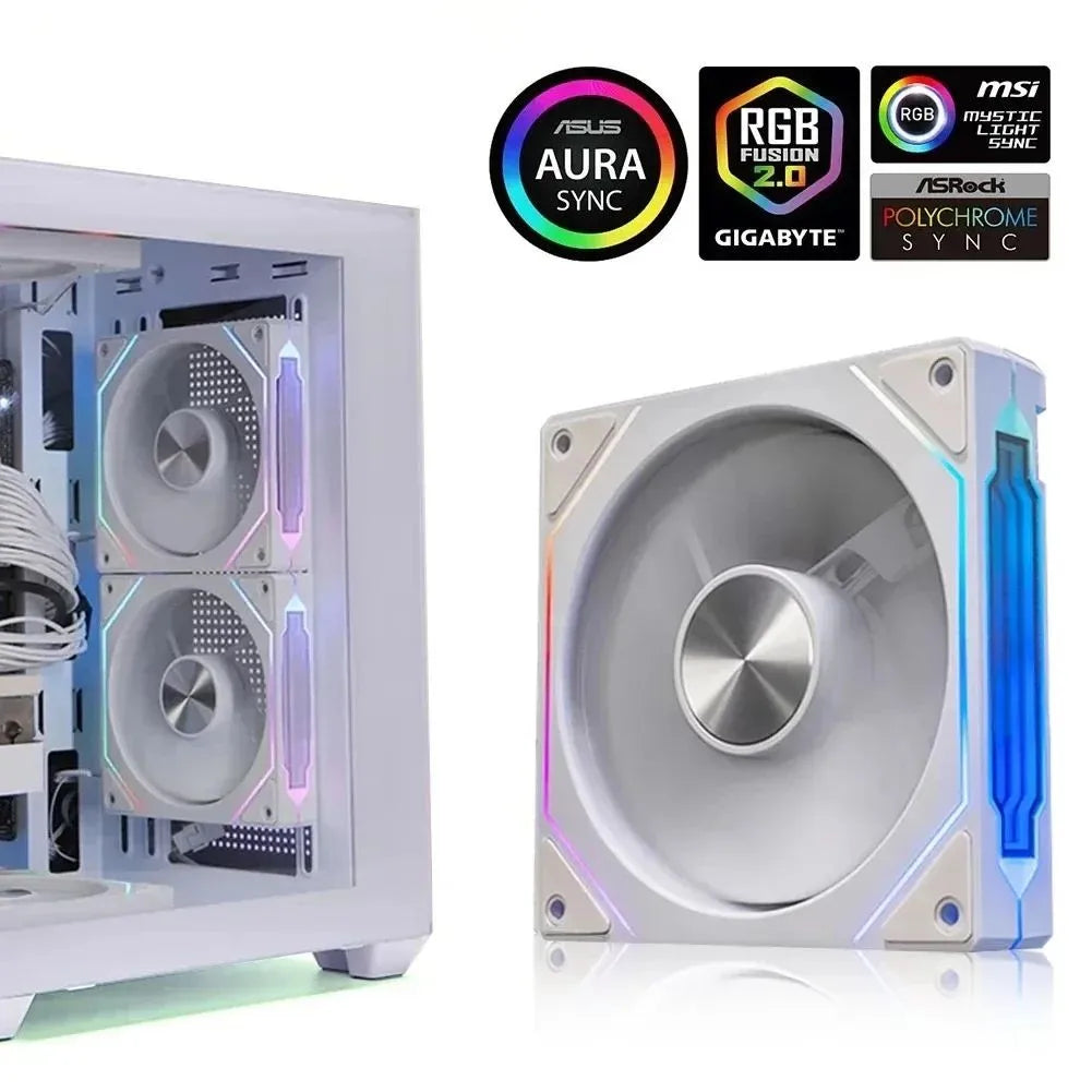 ARGB computer case fan with white housing and blue LED accent light strip