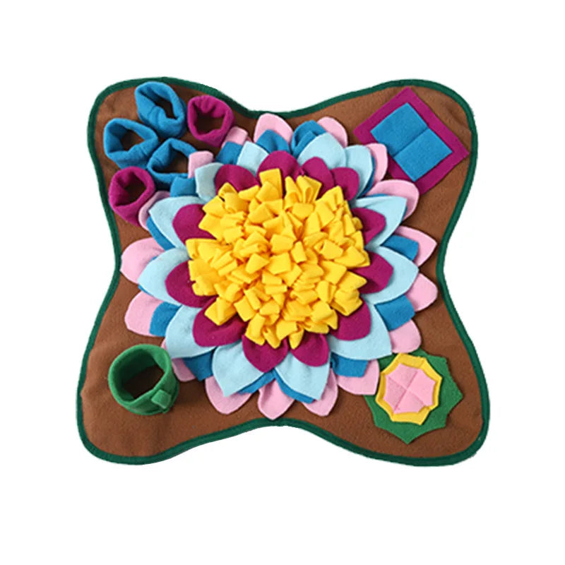 Brown fleece snuffle mat with multicolor layered flower design and fabric square accents