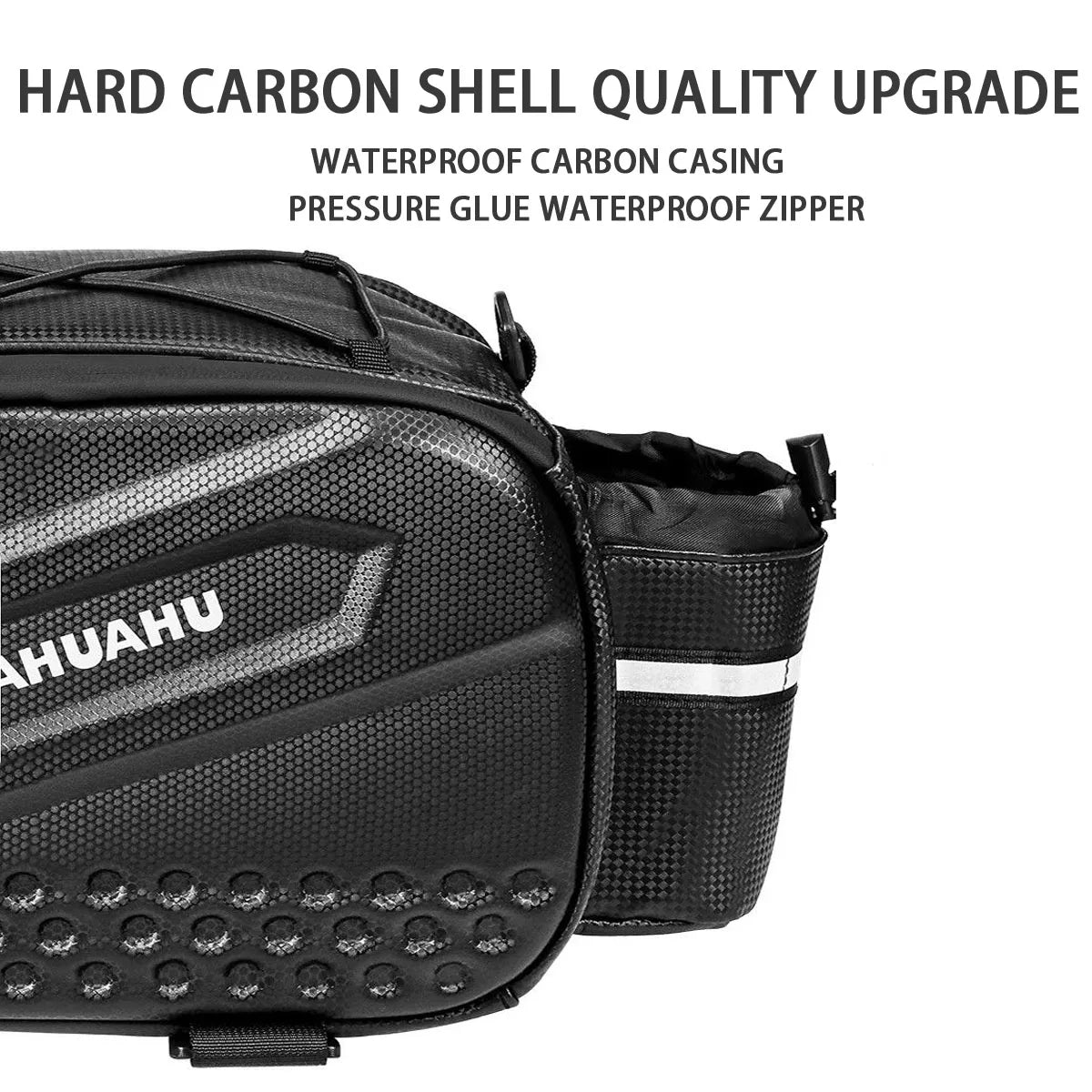 Black hard-shell rear bike bag close-up with reflective side band and bottle holder