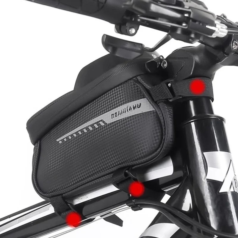 Black front frame bike bag mounted on handlebars with red attachment tabs