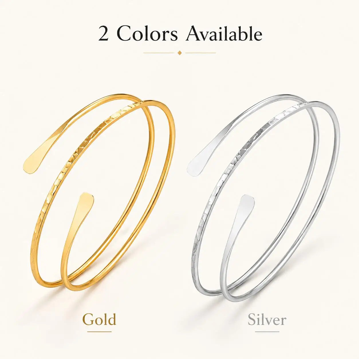 Gold and silver open cuff bracelets, minimalist double-wrap with curved bar