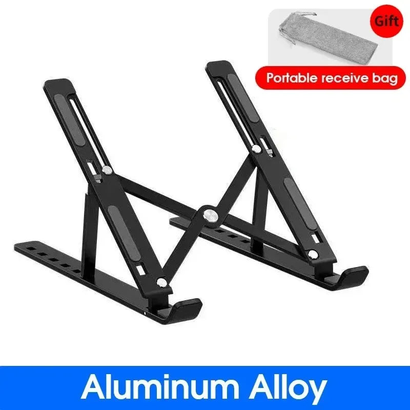 Adjustable foldable laptop stand with black metal frame and perforated pads
