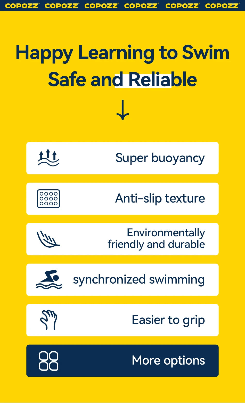 EVA swimming floating board safety features infographic with buoyancy and anti-slip notes