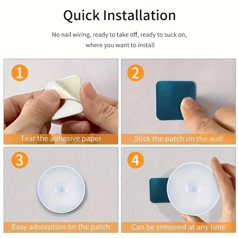 Round motion sensor night light installation with adhesive backing and wall patch