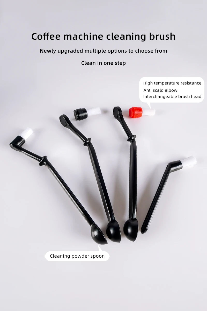 Coffee machine cleaning brushes with black handles and white bristle heads, detachable