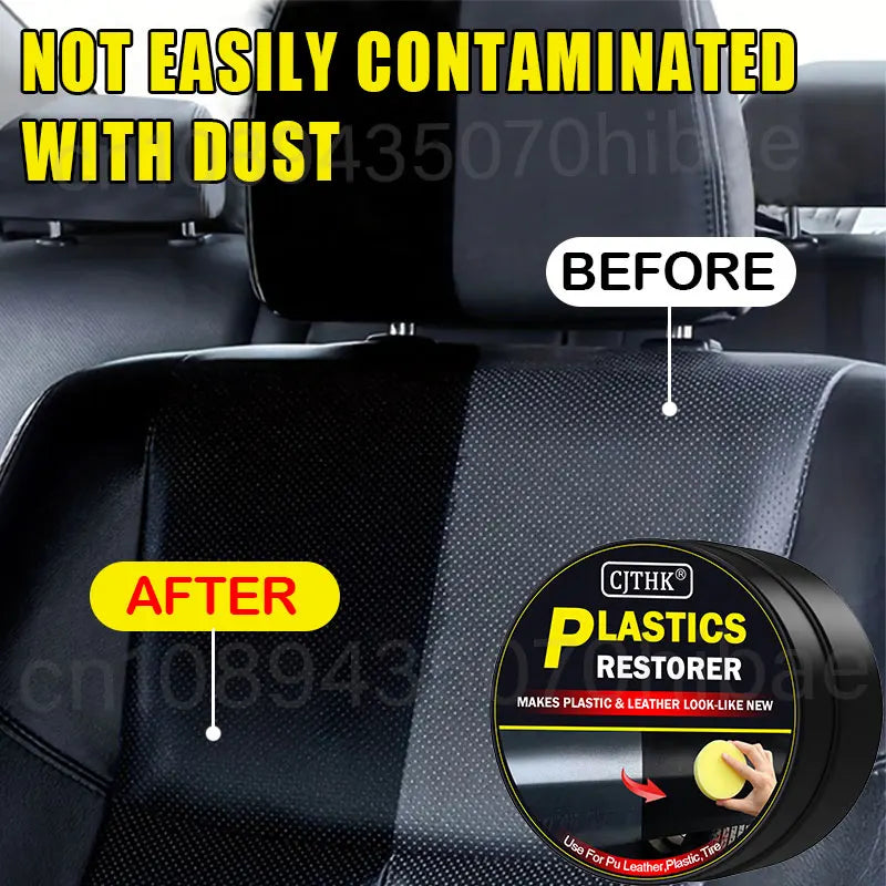 Car seat plastic restorer jar and yellow sponge applicator before/after