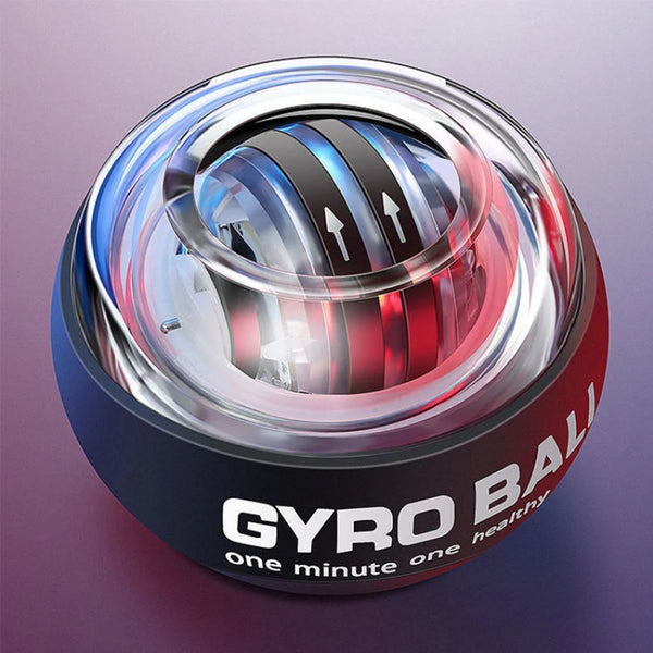 Chrome metal gyro ball with internal spinning core, close-up view