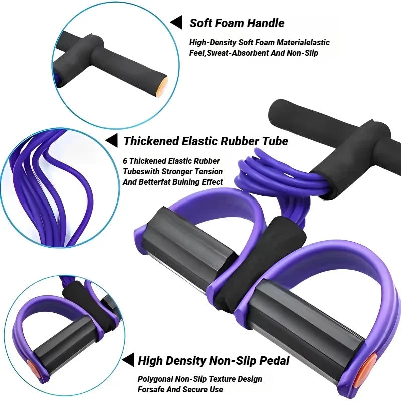 Purple elastic tubes with black foam handles and non-slip pedal for resistance band.