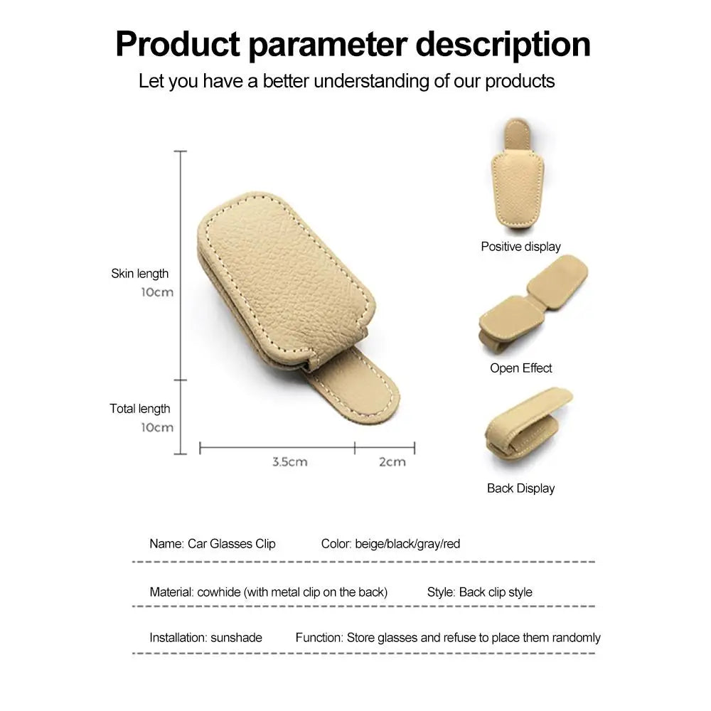 Beige car glasses clip holder with back metal clip and open-and-close attachment.