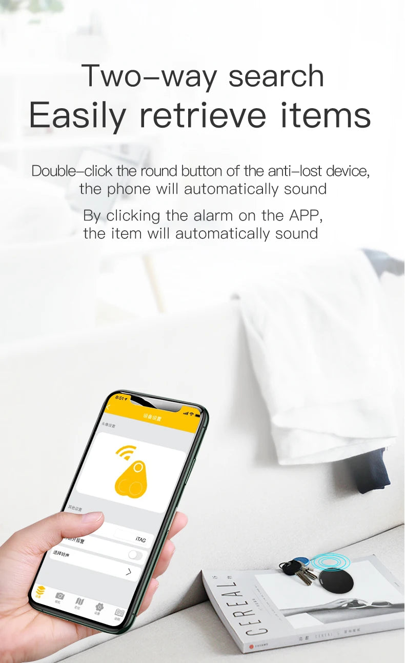 Small teal round Bluetooth anti-lost alarm tracker device with lanyard loop