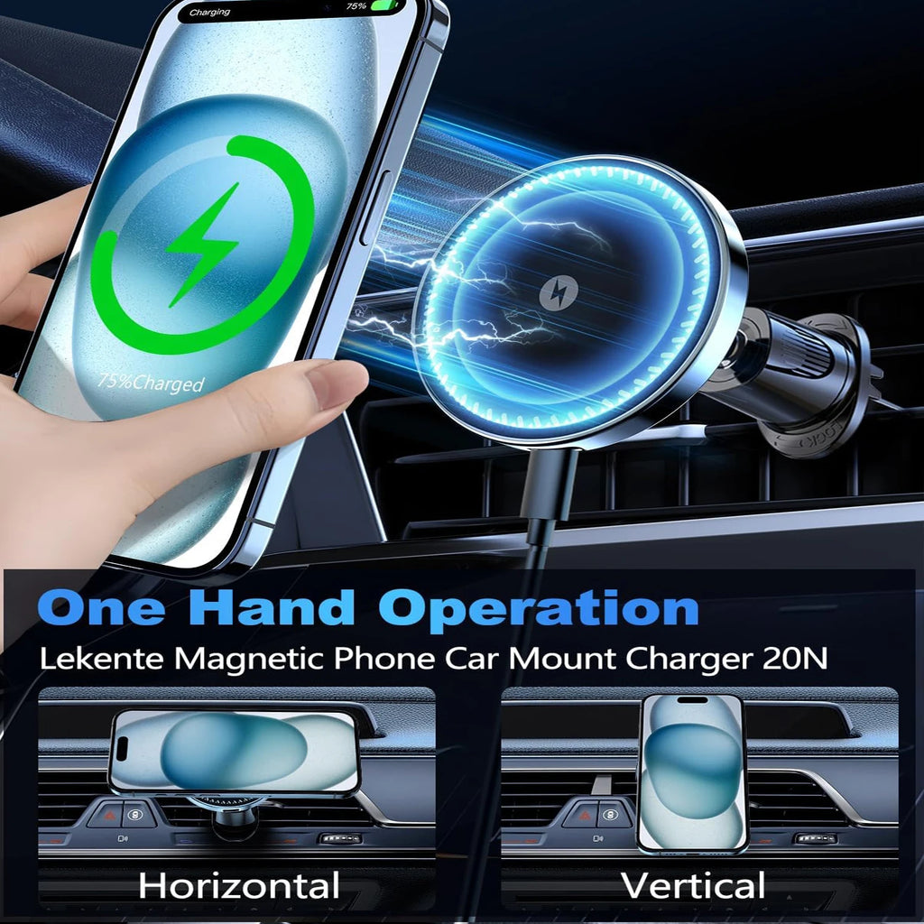 Black magnetic wireless car charger mount holding a phone with glowing blue ring