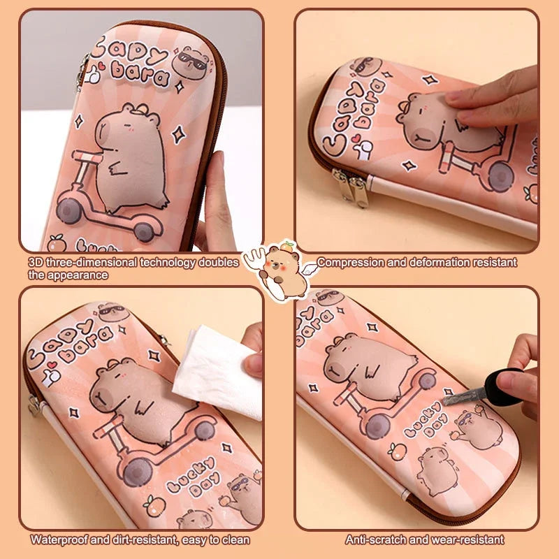 Pink capybara pencil case with brown zipper; close-up of scooter character print.