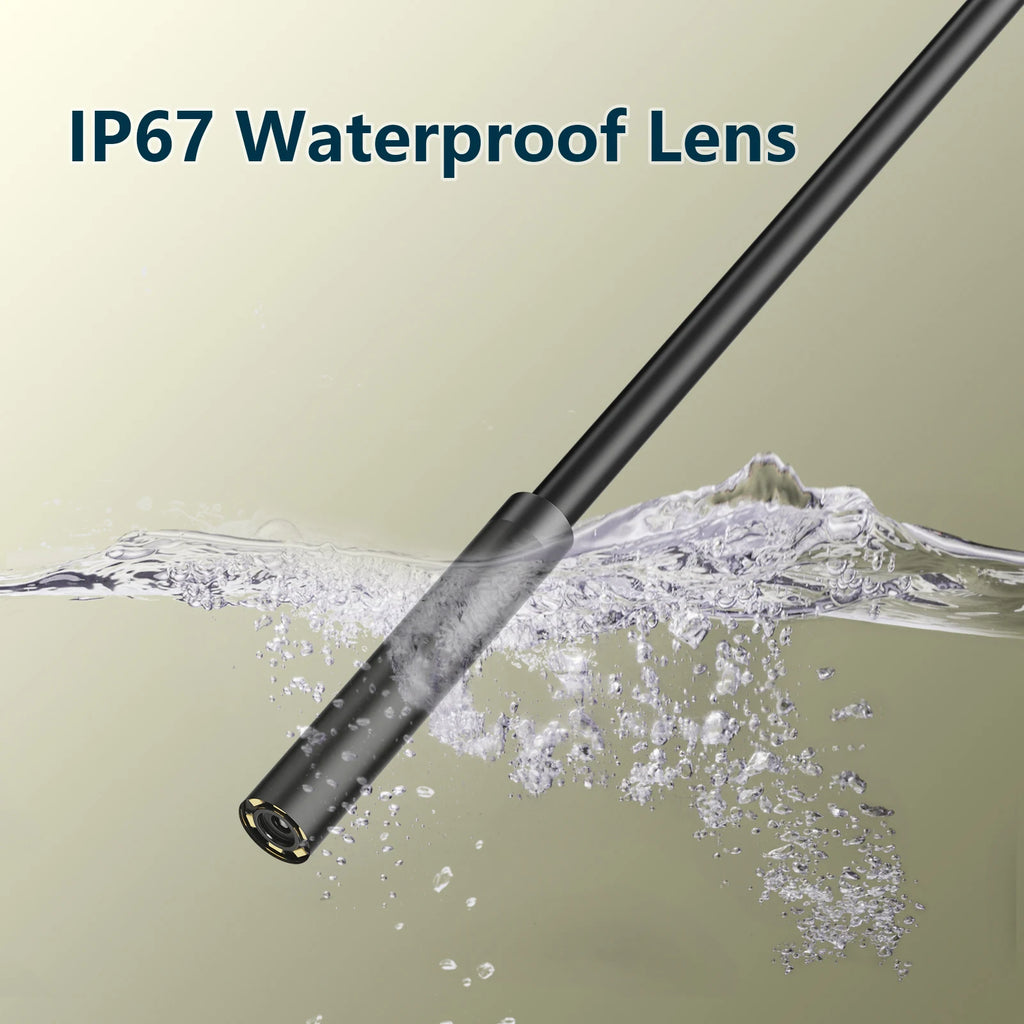 Endoscope camera lens on a flexible probe under water splash, black metal tip