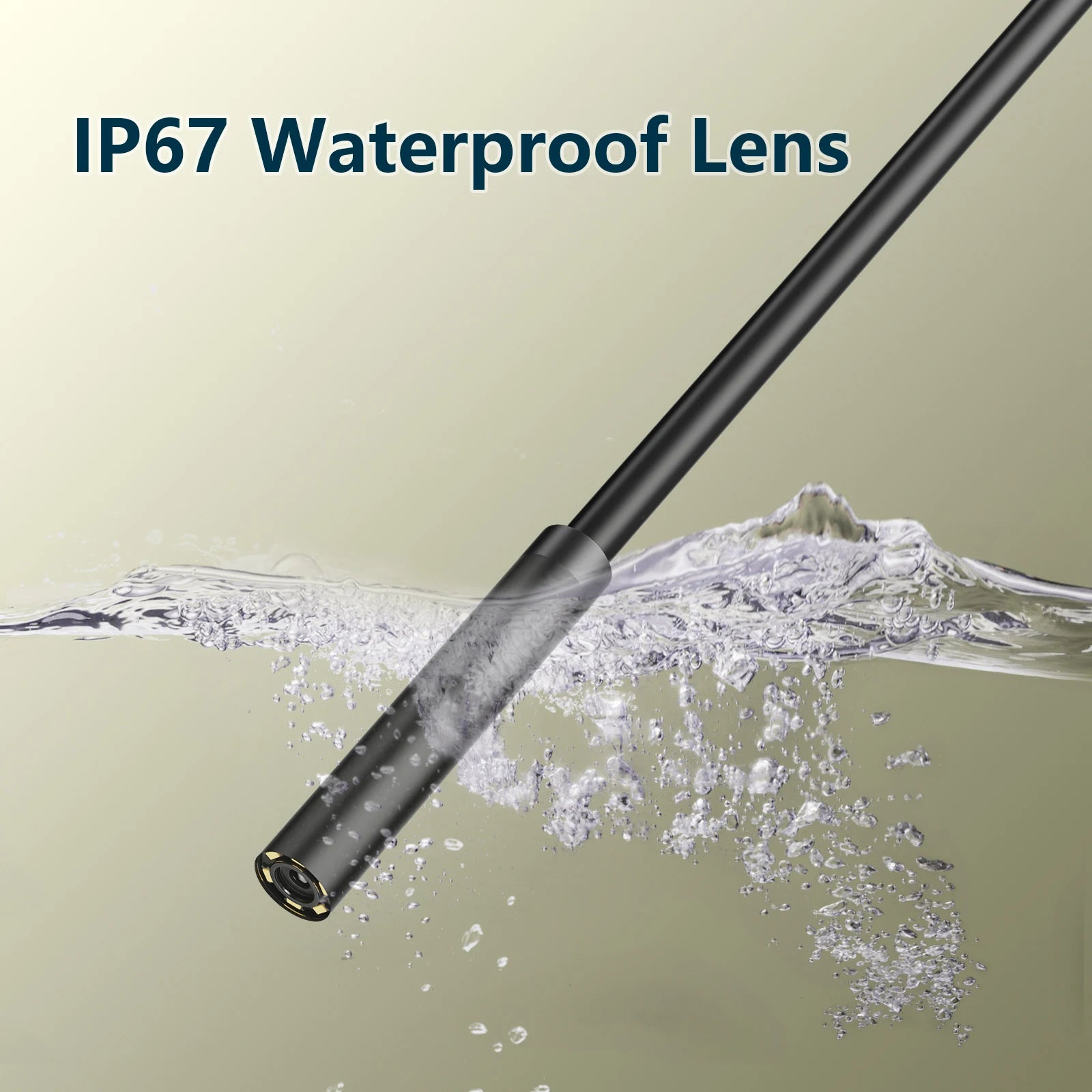 Endoscope camera lens on a flexible probe under water splash, black metal tip