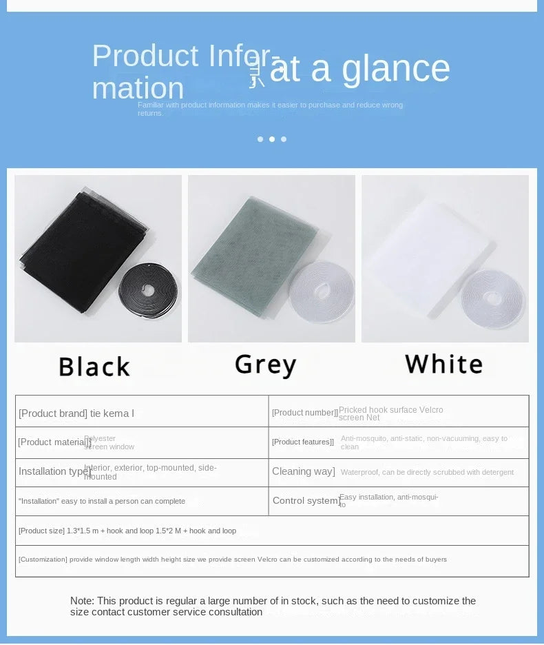 Mosquito screen mesh kit showing black, grey, and white rolls and adhesive strips