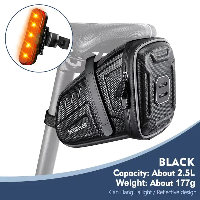 Waterproof black bicycle saddle bag with reflective panel and rear light-reflecting stripe
