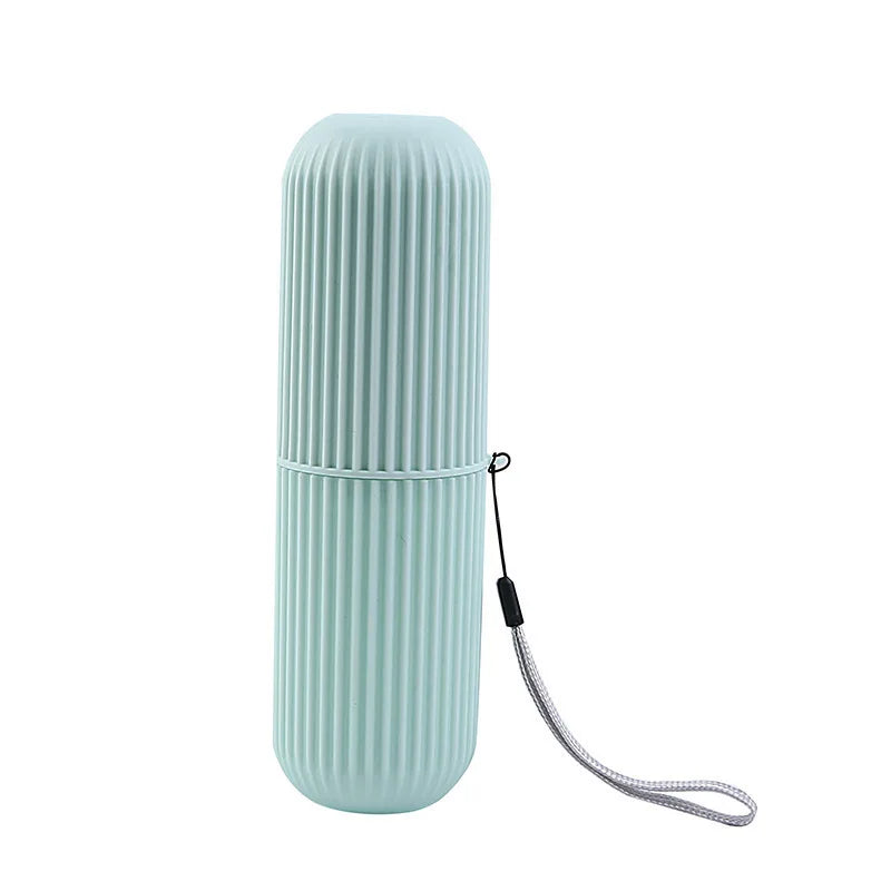 Travel toothbrush holder case, ribbed sky blue cylinder with wrist strap
