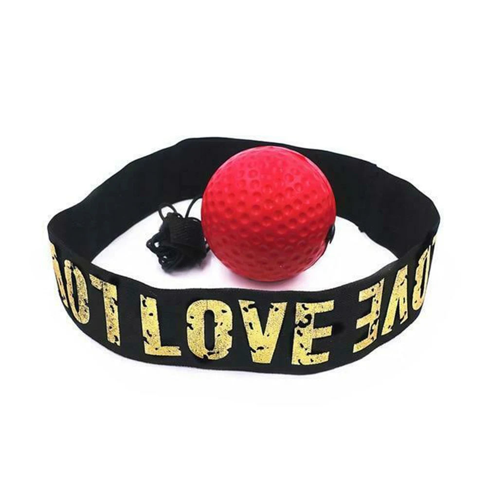 Red reflex punch ball on black headband with gold “I LOVE” lettering and tether