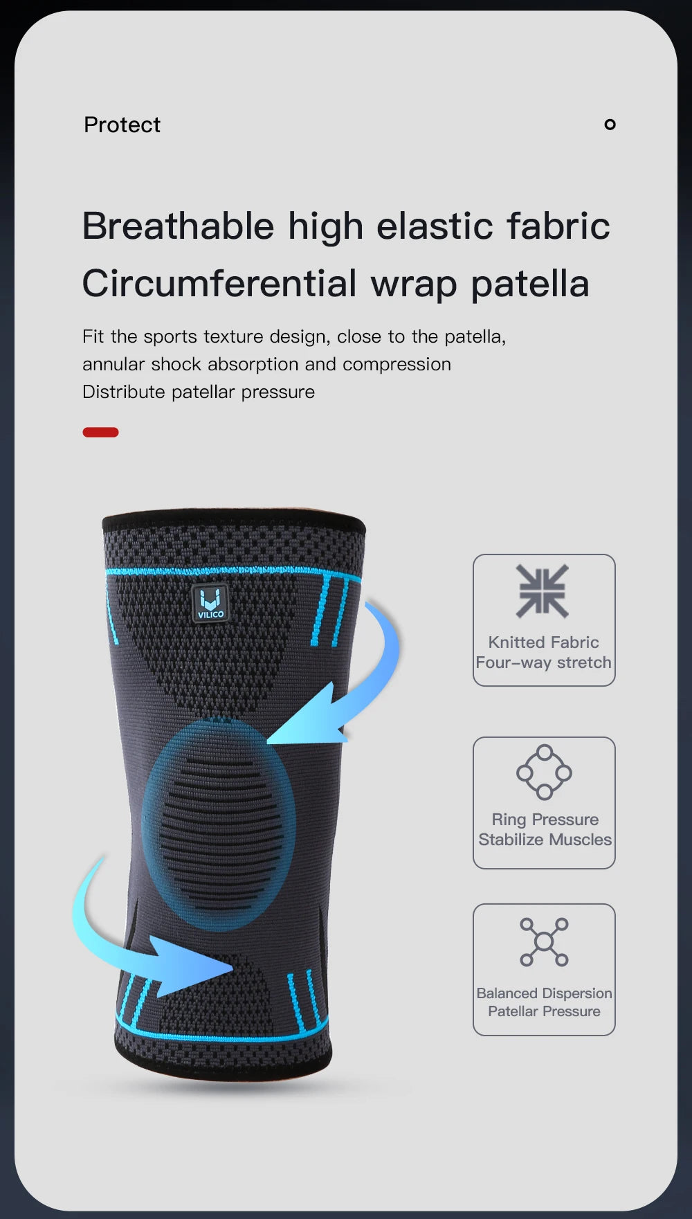Black knee support sleeve with wraparound elastic fabric and blue accent bands