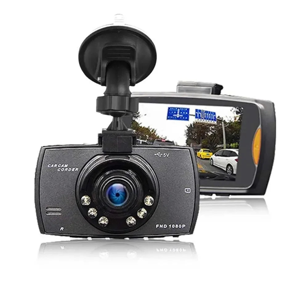 Front view dash camera DVR with suction mount and rear screen, black casing