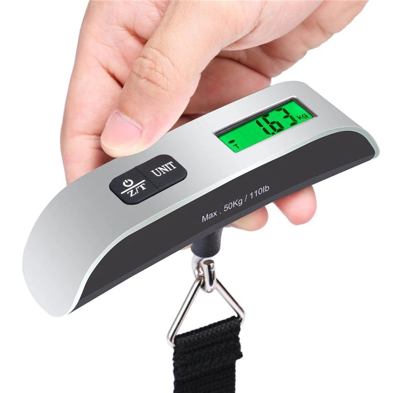 Digital luggage hanging scale with green LCD display, unit buttons, and hanging hook