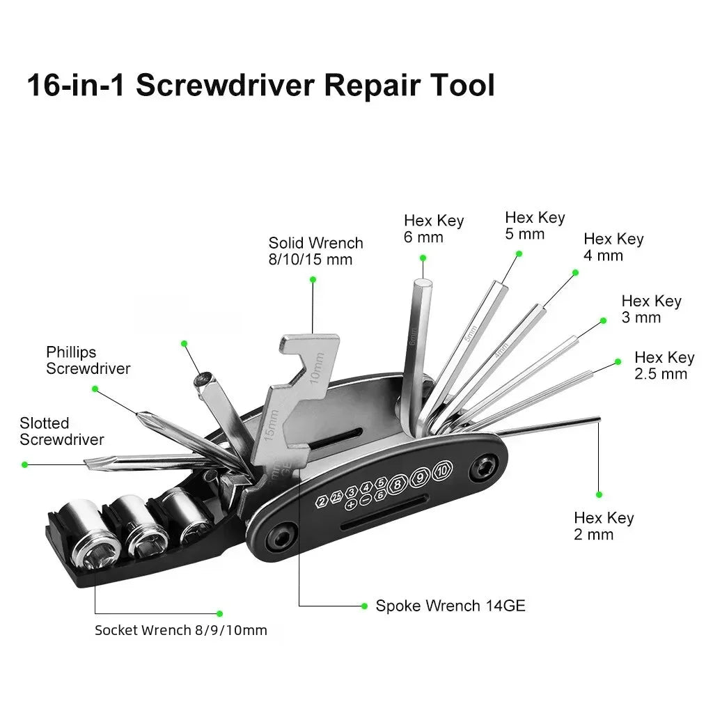 Bicycle repair multi-tool with hex keys, screwdrivers, and spoke wrench