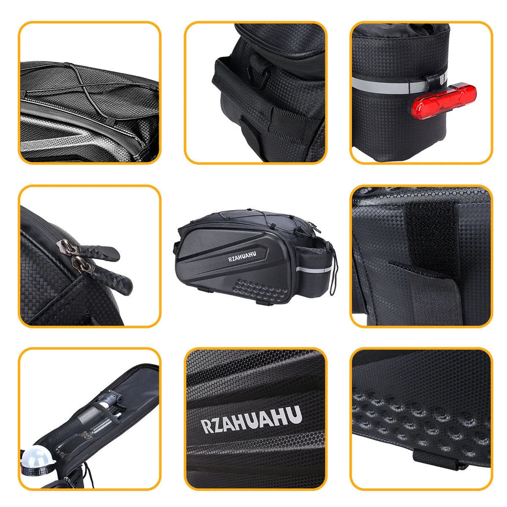 Black rear bike bag detail collage with straps, zipper, reflective light mount, and fasteners