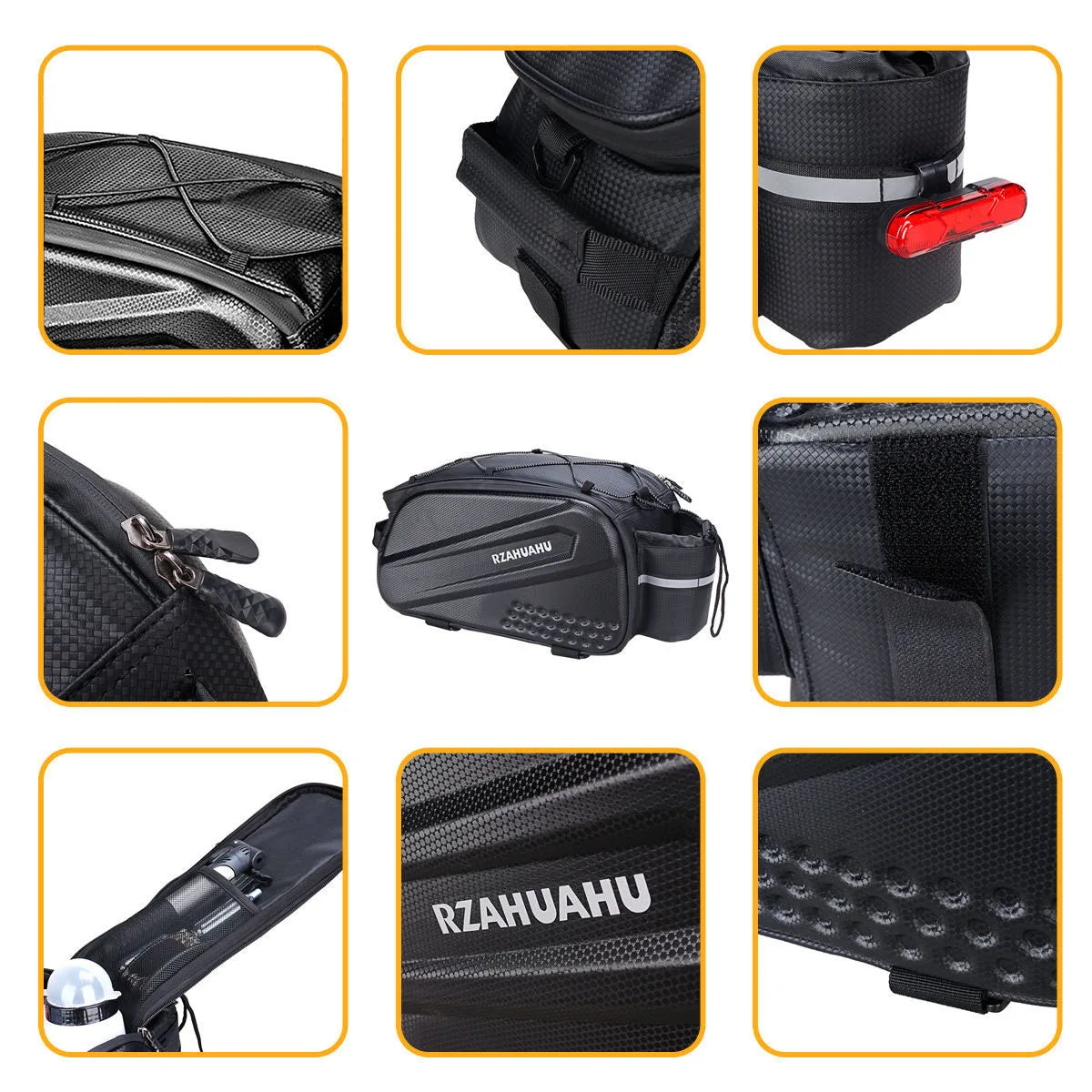Black rear bike bag detail collage with straps, zipper, reflective light mount, and fasteners