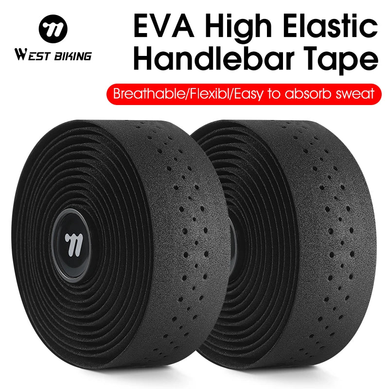 Black EVA handlebar tape rolls with embossed branding and evenly spaced perforation holes