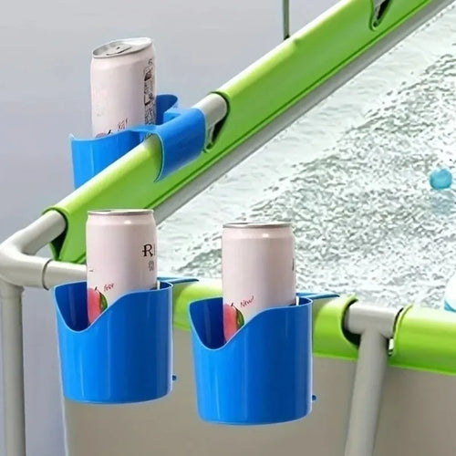 Blue cup holders mounted on a pool rail, holding bottles and cans