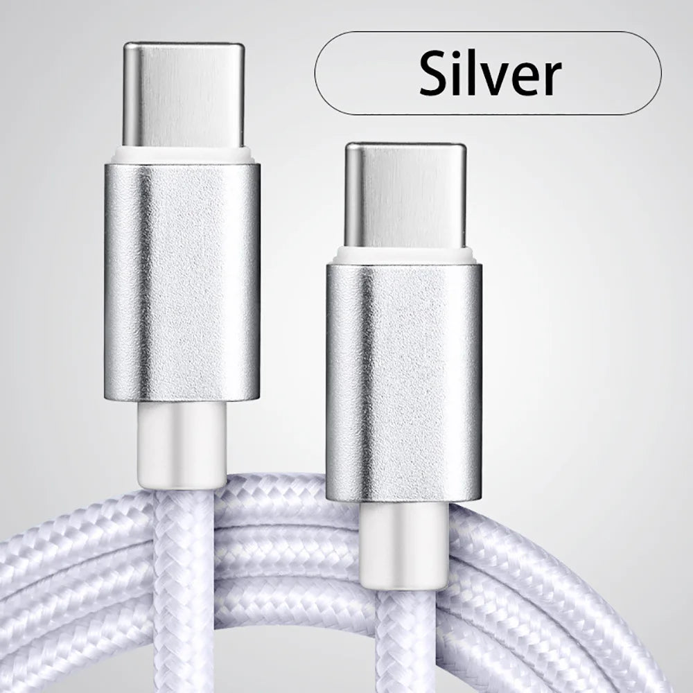 USB-C to USB-C nylon braided fast-charging cable, silver with metal plugs