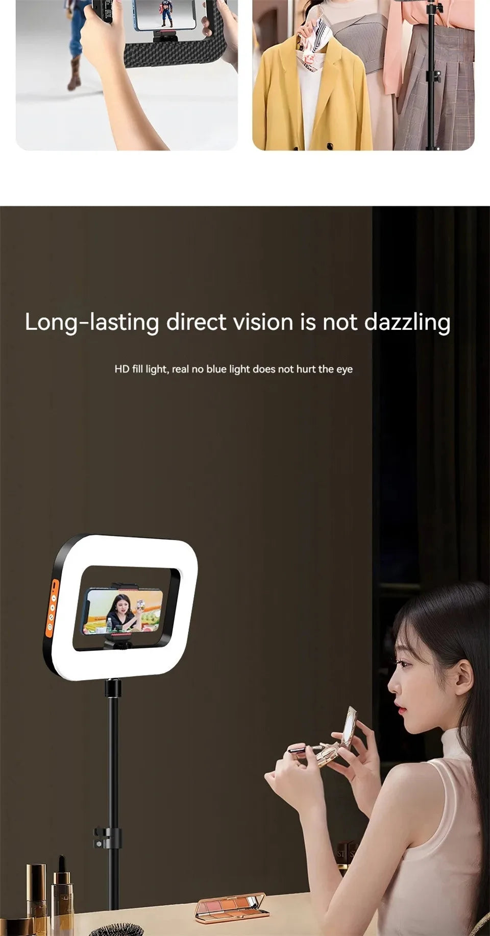Compact LED selfie light with phone mount, ring panel on tripod for live broadcast