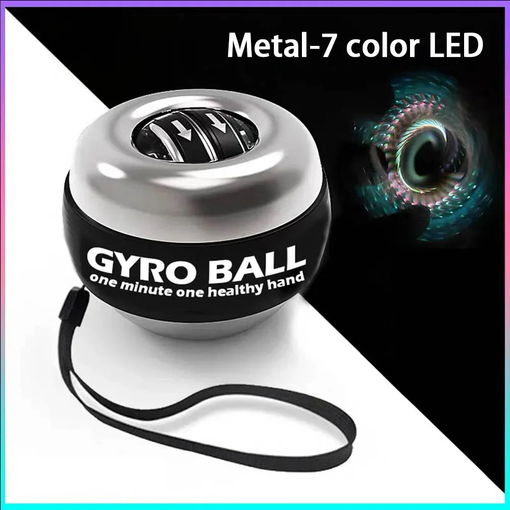 Metal gyro wrist ball with LED light and wrist strap for grip strength exercises