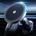 Black circular magnetic wireless car phone charger mount with vent clip and holder arm