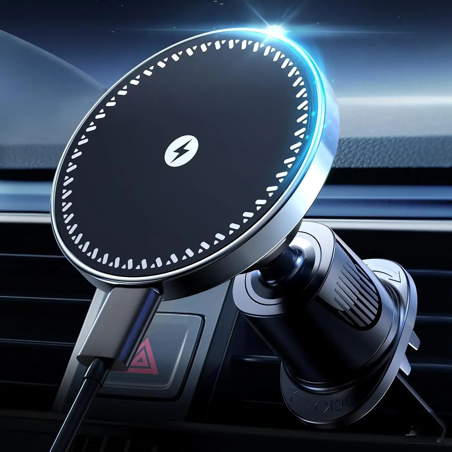 Black circular magnetic wireless car phone charger mount with vent clip and holder arm
