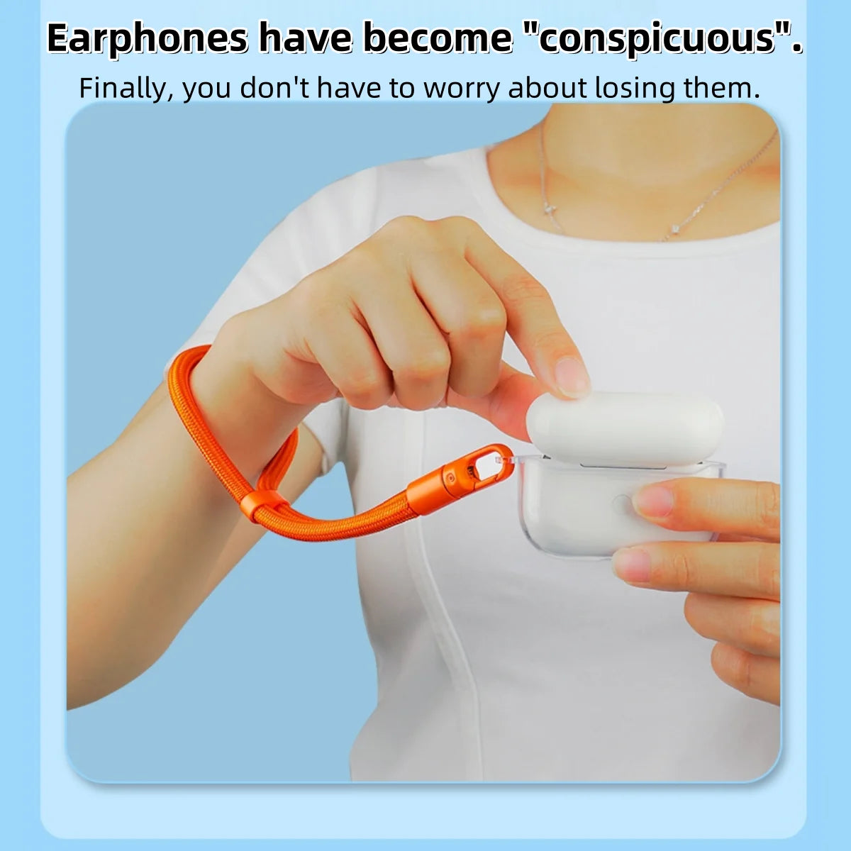 Orange adjustable mobile phone lanyard strap with self-locking clip attached to a phone.