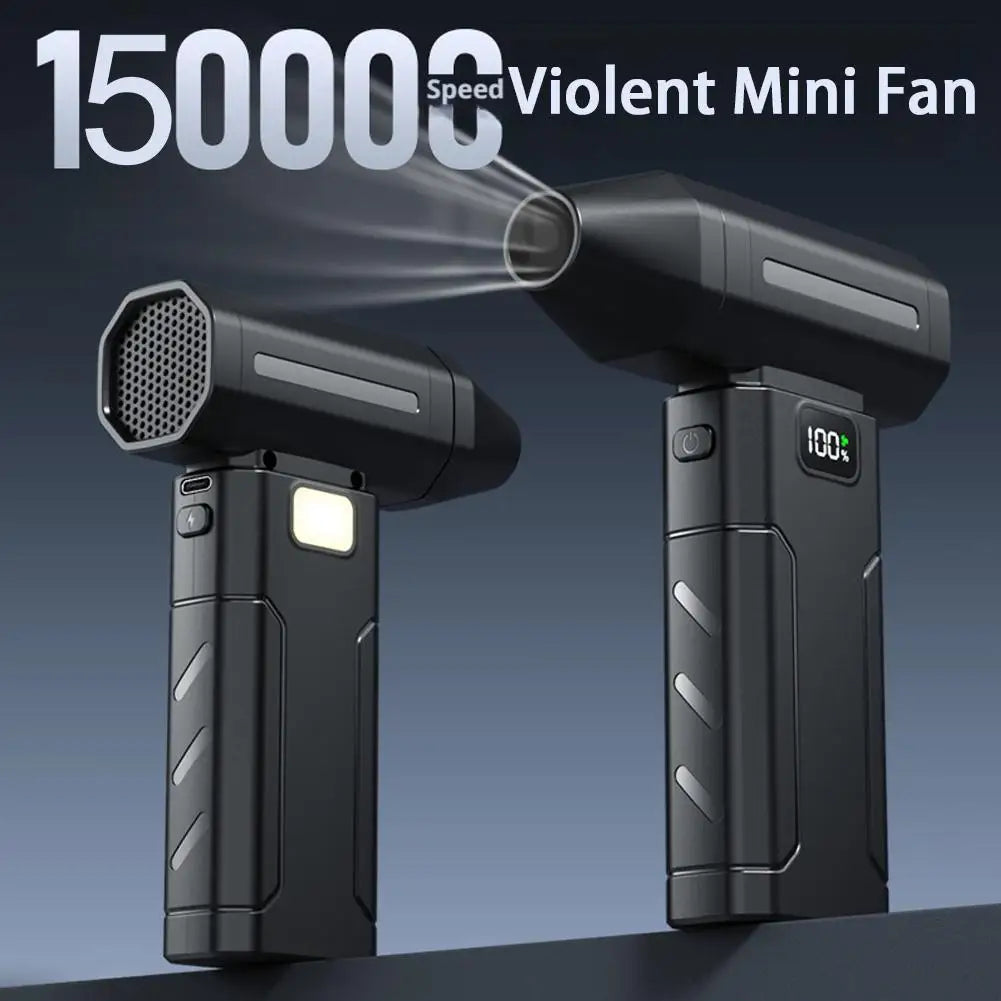 Black handheld turbo jet fan blower with mesh intake grille and side buttons