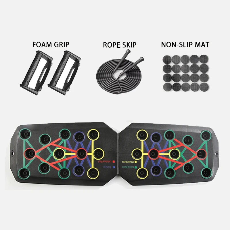 Foldable push-up board set accessories: foam grips, skipping rope, non-slip mat