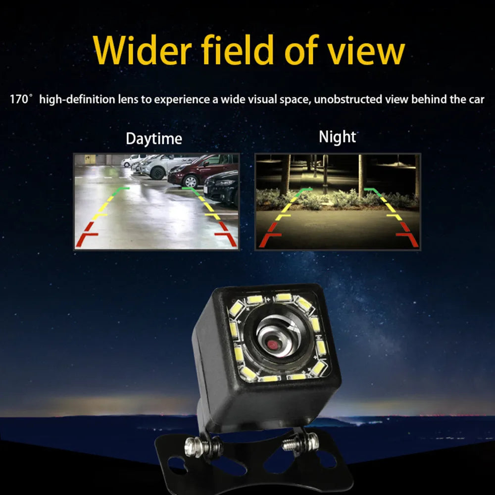 Reversing rear view camera with LED lens, shown with night/day view guides